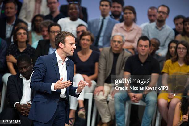 French Minister of Economy, Emmanuel Macron holds the first meeting of his political movement titled 'En Marche!' in front of 3000 partisans at the...