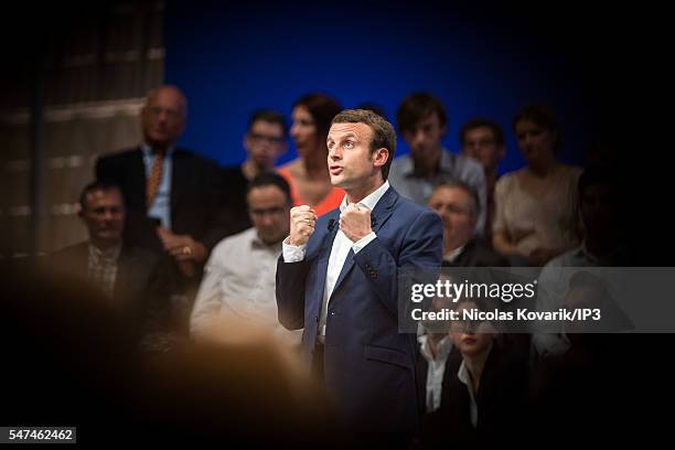 French Minister of Economy, Emmanuel Macron holds the first meeting of his political movement titled 'En Marche!' in front of 3000 partisans at the...