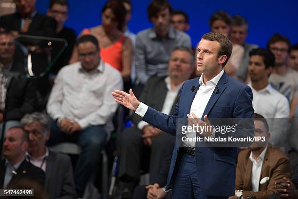 French Minister of Economy, Emmanuel Macron holds the first meeting of his political movement titled 'En Marche!' in front of 3000 partisans at the...