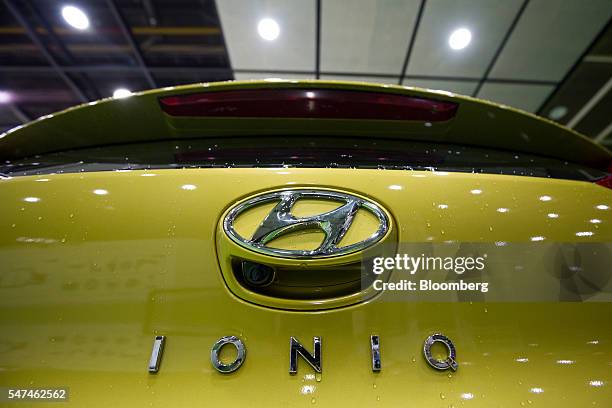 Hyundai Motor Co. Ioniq electric vehicle sits on the production line at the company's plant in Ulsan, South Korea, on Monday, July 4, 2016. South...