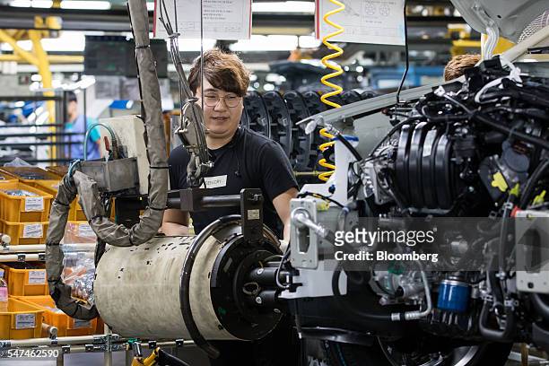 An employee installs a wheel on a Hyundai Motor Co. Elantra vehicle on the production line at the company's plant in Ulsan, South Korea, on Monday,...