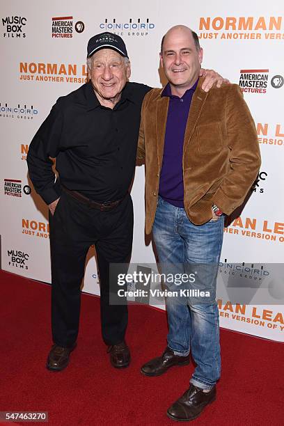 Actor Mel Brooks and writer and producer Matthew Weiner attend the Los Angeles Premiere of NORMAN LEAR: JUST ANOTHER VERSION OF YOU on July 14, 2016...