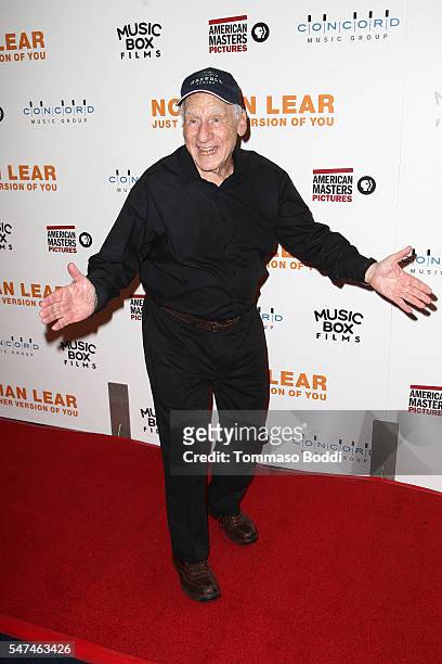 Director Mel Brooks attends the premiere of Music Box Films' "Norman Lear: Just Another Version Of You" at The WGA Theater on July 14, 2016 in...