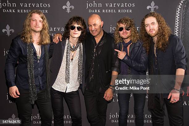 Noah Denney, Tyler Bryant, John Varvatos, Caleb Crosby, and Graham Whitford attend the John Varvatos Spring/Summer 2017 Fashion Show after party at...