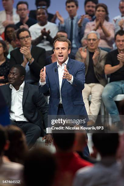 French Minister of Economy, Emmanuel Macron holds the first meeting of his political movement titled 'En Marche!' in front of 3000 partisans at the...