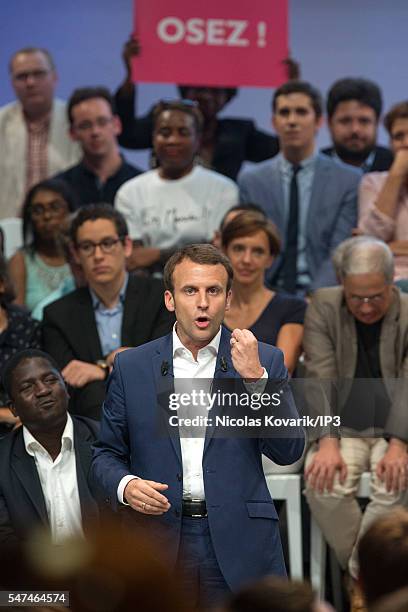 French Minister of Economy, Emmanuel Macron holds the first meeting of his political movement titled 'En Marche!' in front of 3000 partisans at the...