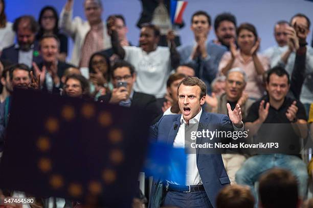 French Minister of Economy, Emmanuel Macron holds the first meeting of his political movement titled 'En Marche!' in front of 3000 partisans at the...