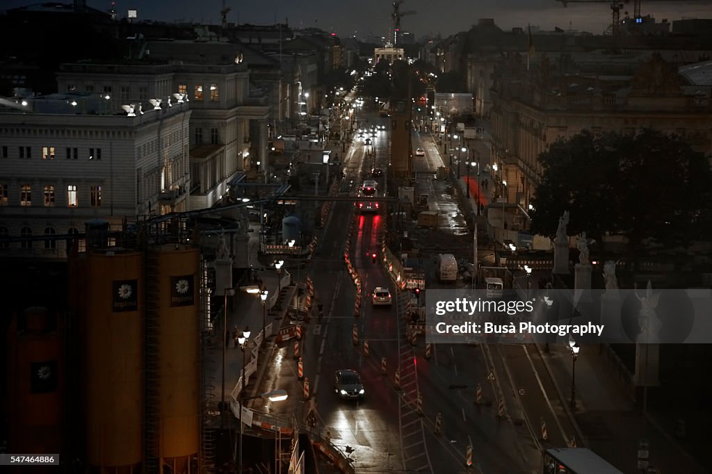 Bird's eye view of constructions at Unter den Linden at night. Central Berlin, Germany