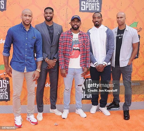Players Dahntay Jones, Tristan Thompson, Kyrie Irving, J. R. Smith and Richard Jefferson of the Cleveland Cavaliers arrive at Nickelodeon Kids'...