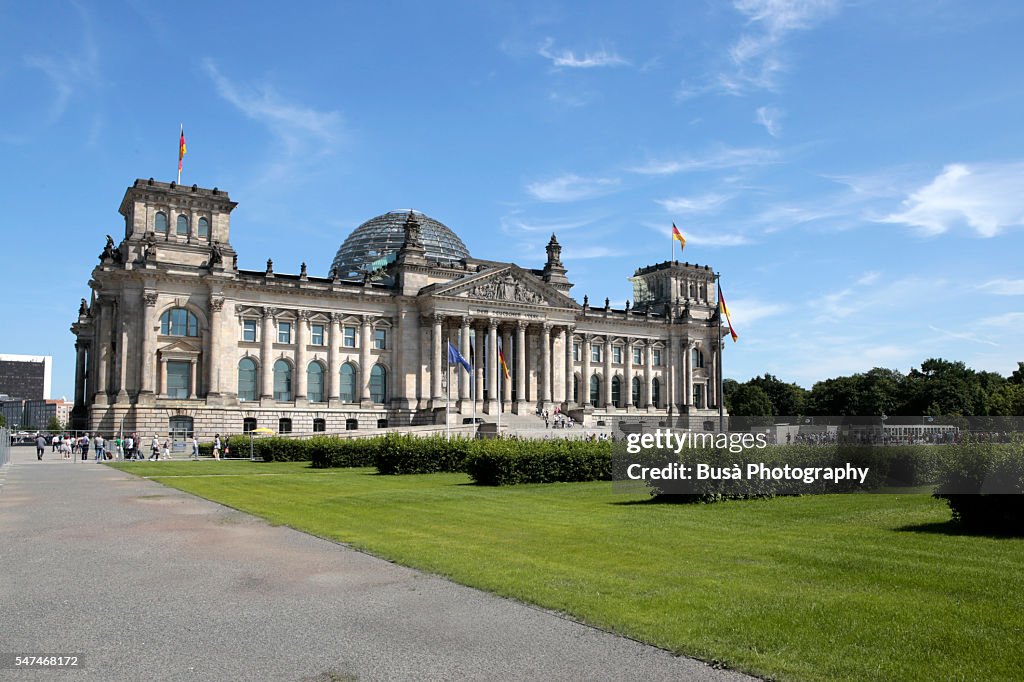 View of the German Bundestag (Deutscher Bundestag), the German Parliament, in the former Reichstag Building in Berlin, Germany