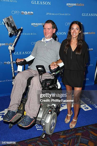 Ex NFL Player Steve Gleason and his wife Michel Varisco attend the premiere of Amazon Studios' "Gleason" at Regal LA Live Stadium 14 on July 14, 2016...