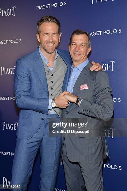 Ryan Reynolds and Piaget CEO Philippe Leopold-Metzger attend the Piaget new timepiece launch at the Duggal Greenhouse on July 14, 2016 in New York...