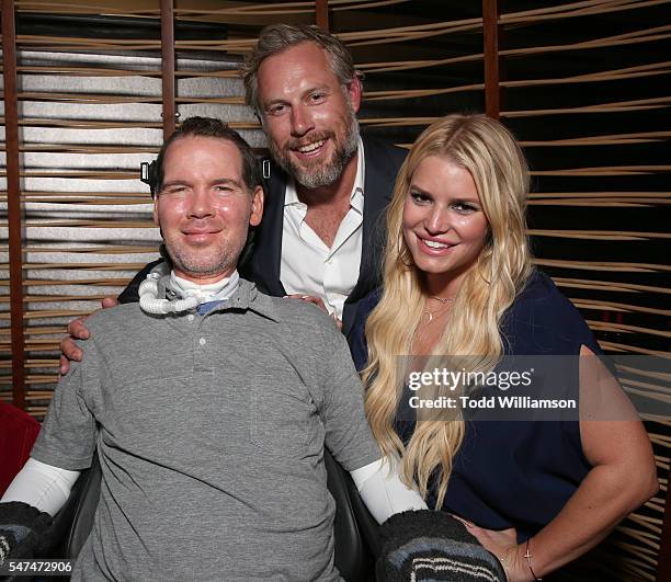 Steve Gleason, Eric Johnson and Jessica Simpson attend the "Gleason" Los Angeles Premiere at Regal Cinemas L.A. Live on July 14, 2016 in Los Angeles,...