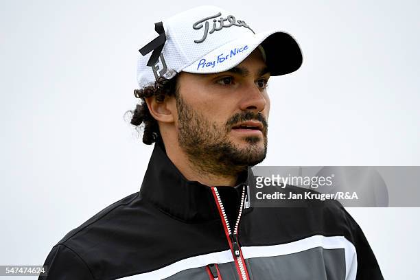Clement Sordet of France displays a message of support for the victims of the Nice terrorist attack during the second round on day two of the 145th...