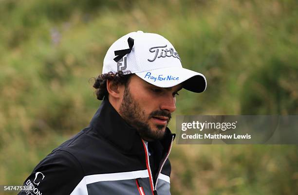 Clement Sordet of France displays tributes to the victims of the recent Nice attack on his cap during the second round on day two of the 145th Open...