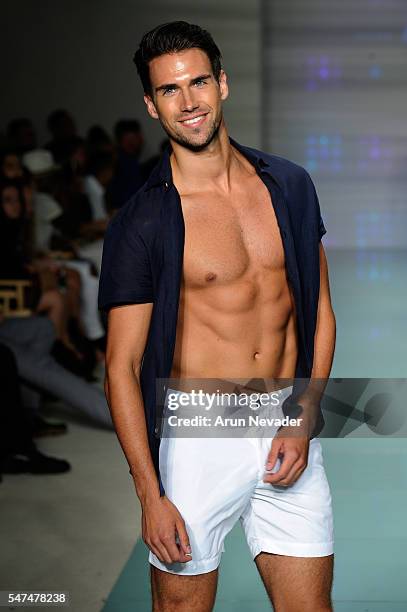 Model walks the runway at Argyle Grant Runway Show during Art Hearts Fashion Miami Swim Week Presented by AIDS Healthcare Foundation at Collins Park...