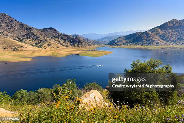 landscape of mountain range, a river against blue sky - mountain view california stock-fotos und bilder