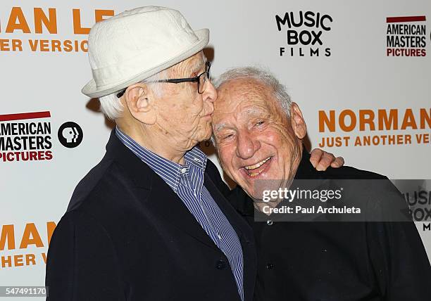 Producers Norman Lear and Mel Brooks attend the premiere of "Norman Lear: Just Another Version Of You" at The WGA Theater on July 14, 2016 in Beverly...