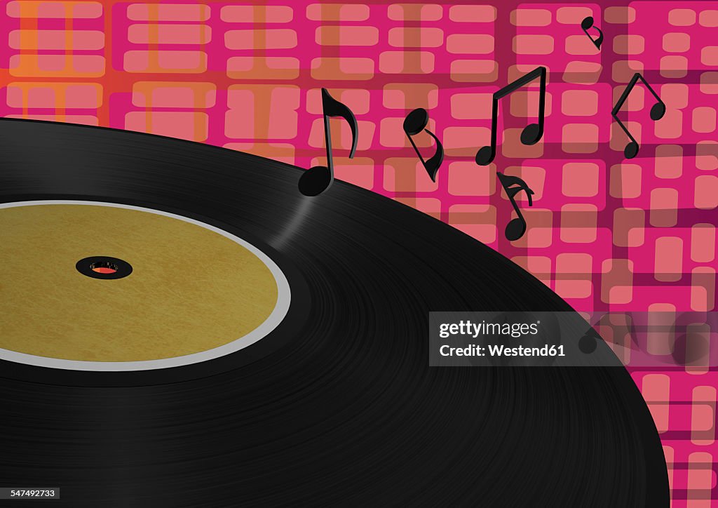 3D Rendering, Vinyl record with musical notes against patterned background