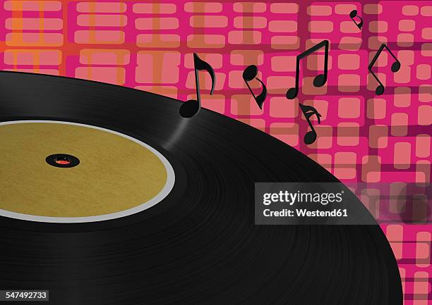 3d rendering, vinyl record with musical notes against patterned background - 3d music notes stock illustrations