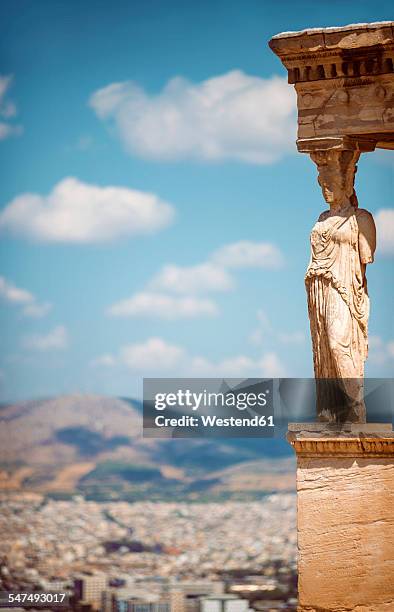 greece, athens, caryatide at sunlight - acropolis greece stock pictures, royalty-free photos & images