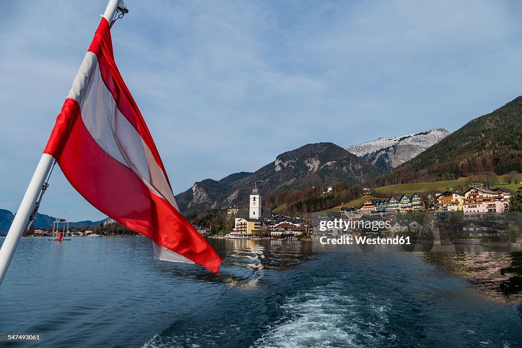 Austria, Salzburg State, St. Wolfgang at Wolfgangsee with ensign in the foreground