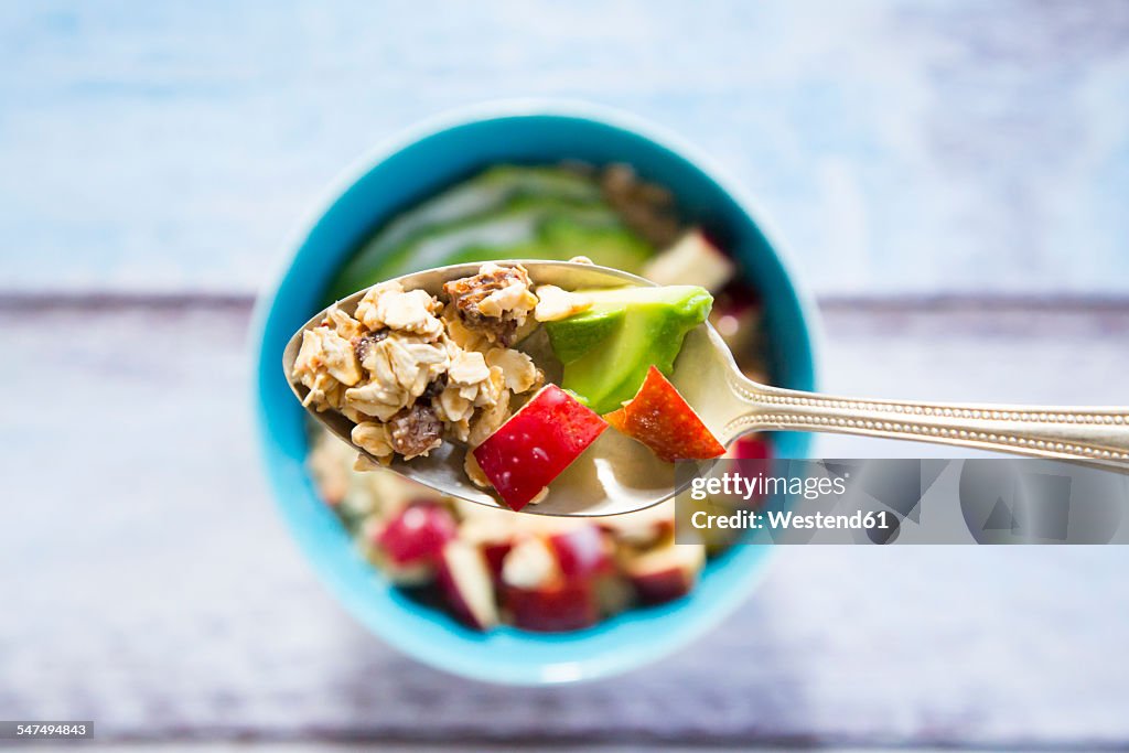 Spoon of avocado apple muesli with hemp seeds