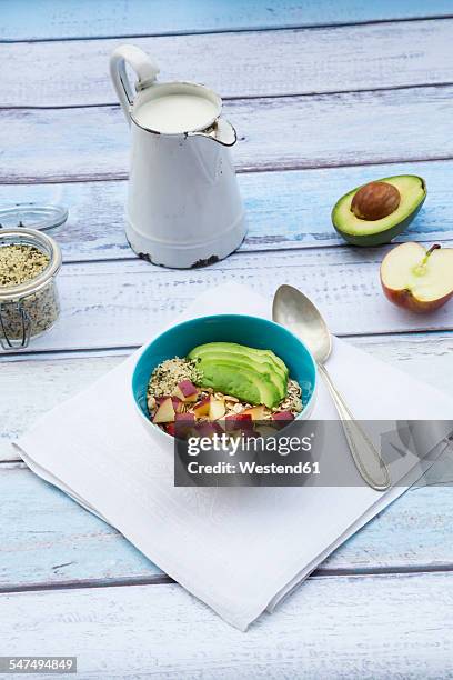 avocado apple muesli with hemp seeds - hemp milk stock pictures, royalty-free photos & images