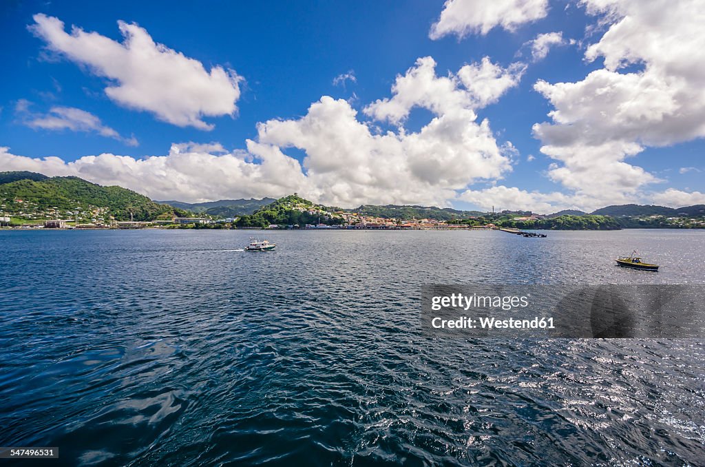 Antilles, Lesser Antilles, Grenada, view to St. George's from sailing ship
