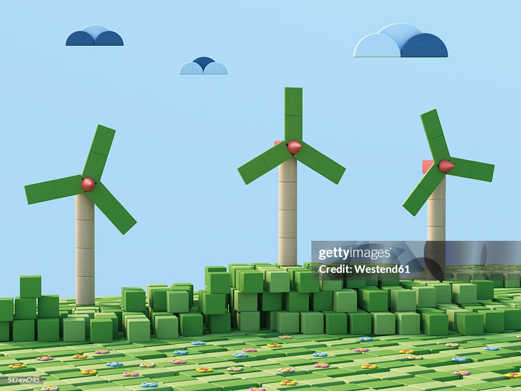 3D Rendering, Wind wheels, Wind park from toy blocks