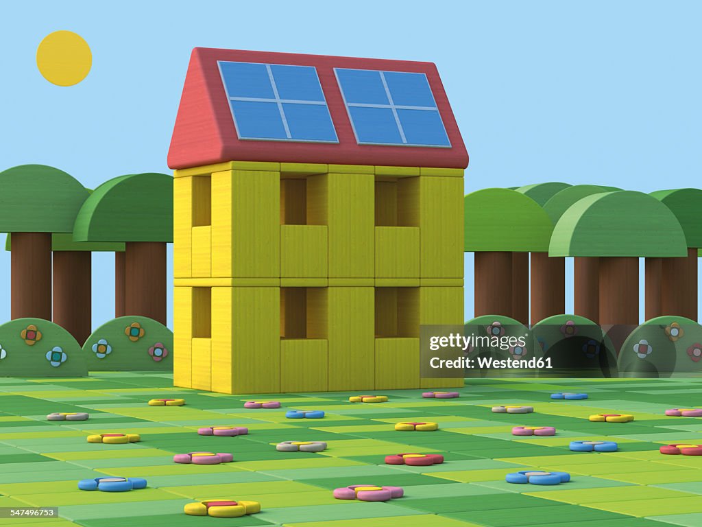 3D Rendering, House with solar panels, toy blocks