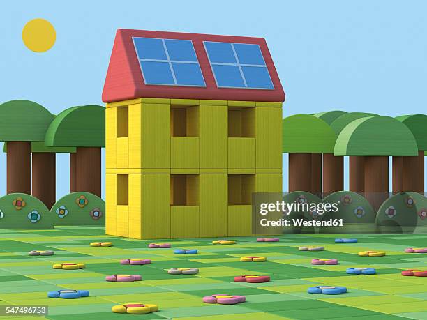 3d rendering, house with solar panels, toy blocks - solar panel house stock illustrations