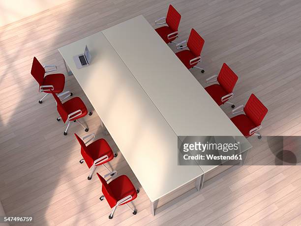 3d rendering, conference table with laptop and red chairs - conference table stock illustrations