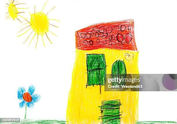 child's drawing, colorful house, flower and sun - child's drawing stock pictures, royalty-free photos & images