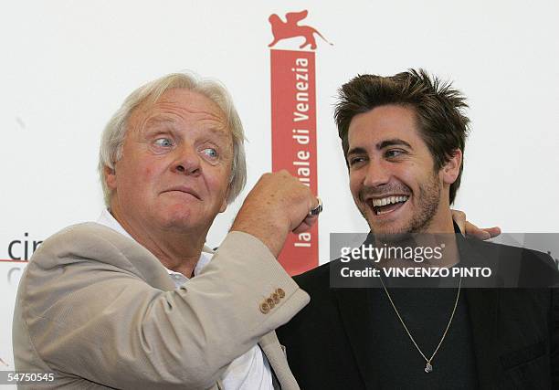 Actors Anthony Hopkins of Great Britain and Jake Gyllenhaal od USA pose during a photocall of Proof, 05 september 2005, during the 62nd Venice...