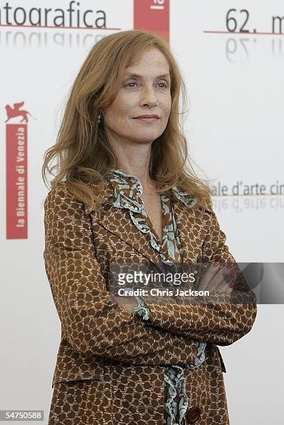Actress Isabelle Huppert poses at the photocall for the film "Gabrielle" on the sixth day of the 62nd Venice Film Festival on September 5, 2005 in...