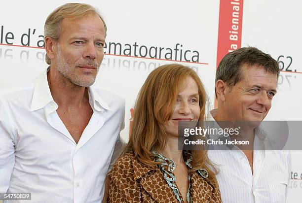 Actors Pascal Greggory and Isabelle Huppert with Director Patrice Chereau at the photocall for the film "Gabrielle" on the sixth day of the 62nd...