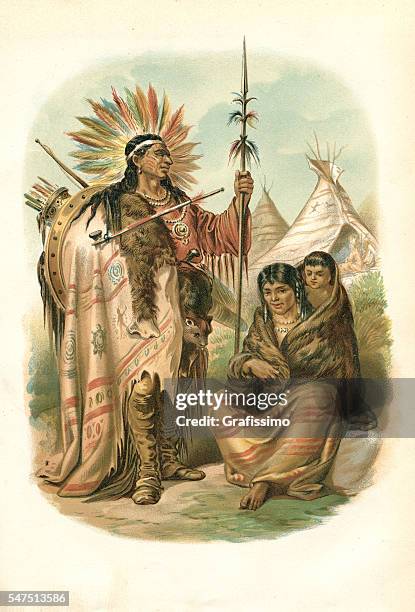 illustrazioni stock, clip art, cartoni animati e icone di tendenza di coppia di nativi americani di etnia pianure indiani 1880 - headdress