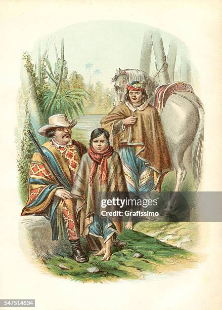 antique engraving of mapuche family in chile 1880 - poncho stock illustrations