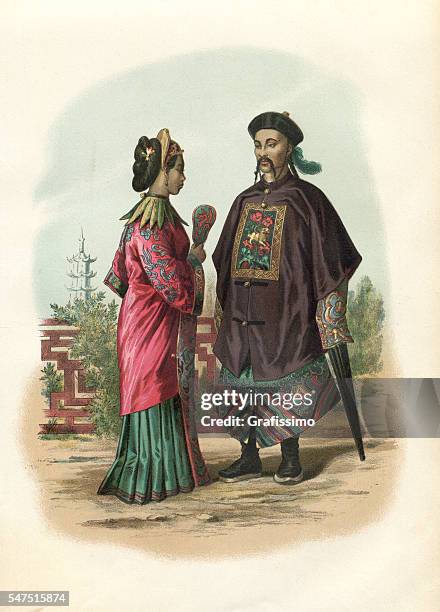 chinese couple in traditional clothing 1880 - actress stock illustrations