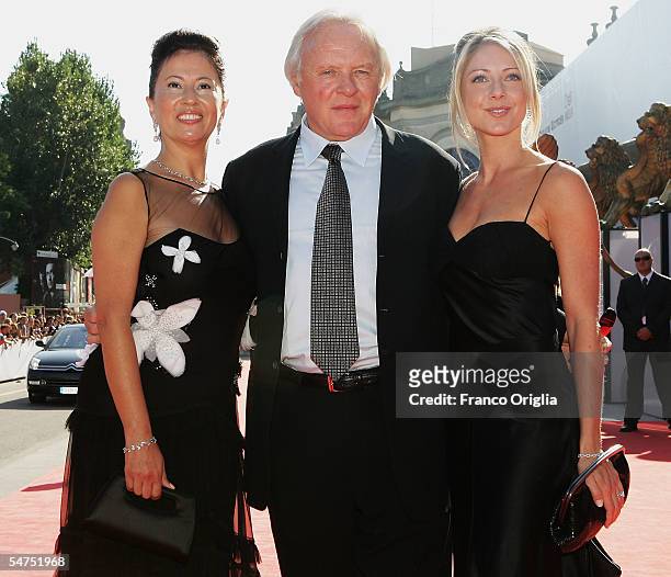 Actor Sir Anthony Hopkins and his wife, Stella Arroyave, and actress Lisa Pepper as he arrives for premiere for the film "Proof" at the Palazzo del...
