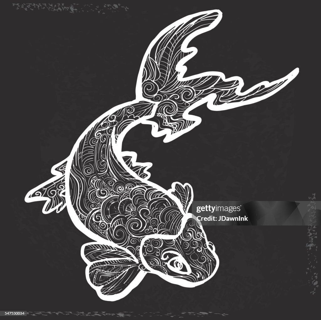 Koi fish doodle drawing hand drawn on chalkboard texture