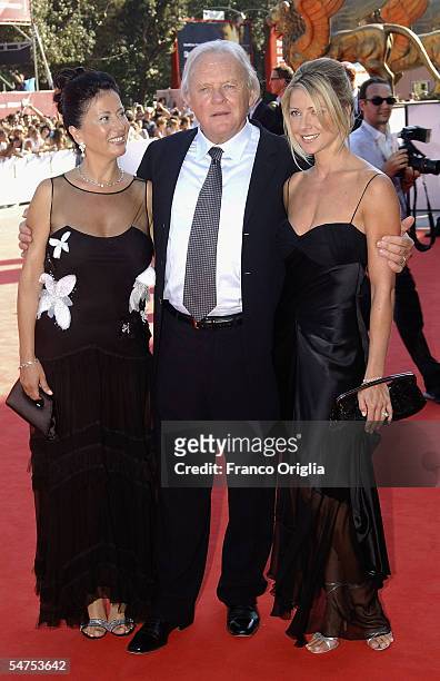 Actor Anthony Hopkins and his wife Stella Arroyave and actress Lisa Pepper arrive for the premiere for the film "Proof" at the Palazzo del Cinema on...