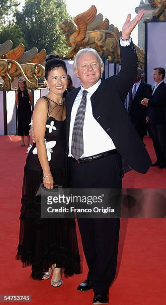 Actor Anthony Hopkins and his wife Stella Arroyave arrive for premiere for the film "Proof" at the Palazzo del Cinema on the sixth day of the 62nd...