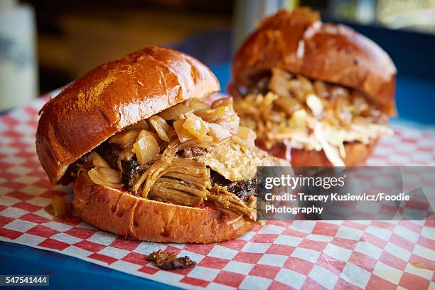 smoked pulled pork sandwich - pulled pork stock pictures, royalty-free photos & images