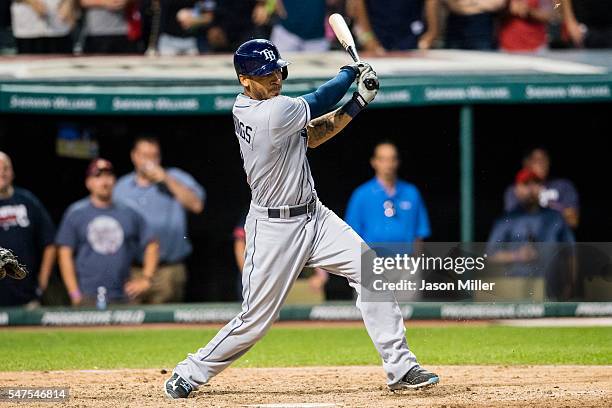 Desmond Jennings of the Tampa Bay Rays at bat during the ninth inning against the Cleveland Indians at Progressive Field on June 21, 2016 in...