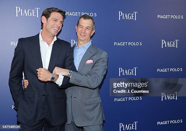 Malcolm Borwick and CEO of Piaget Philippe Lopold-Metzger attend the Piaget New Timepiece Launch at the Duggal Greenhouse on July 14, 2016 in New...
