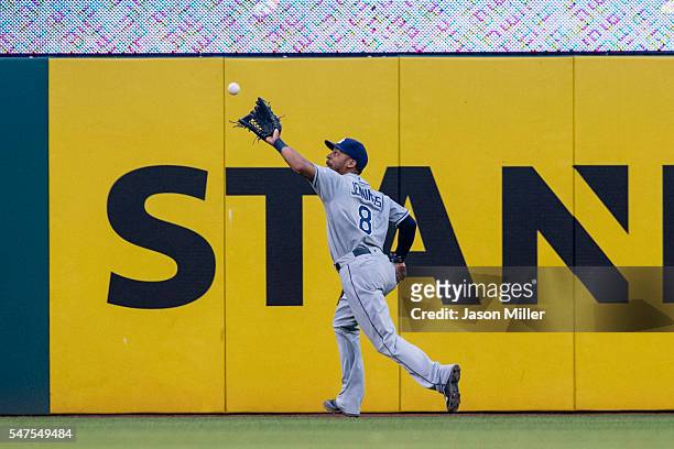 Center fielder Desmond Jennings of the Tampa Bay Rays catches a fly ball hit by Chris Gimenez of the Cleveland Indians to end the sixth inning at...