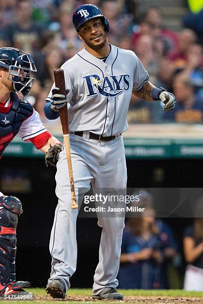 Desmond Jennings of the Tampa Bay Rays reacts after striking out during the seventh inning against the Cleveland Indians at Progressive Field on June...