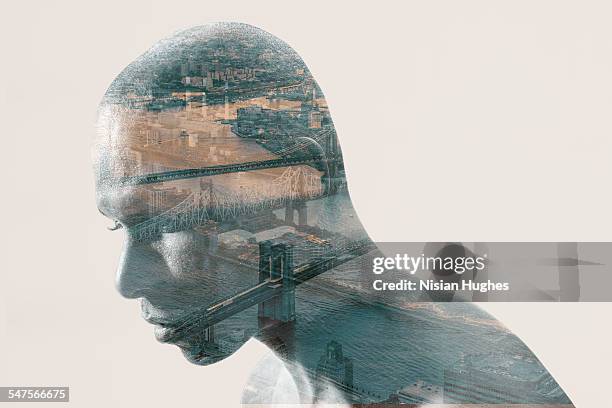 double exposure portrait of man - beeldmanipulatie stockfoto's en -beelden
